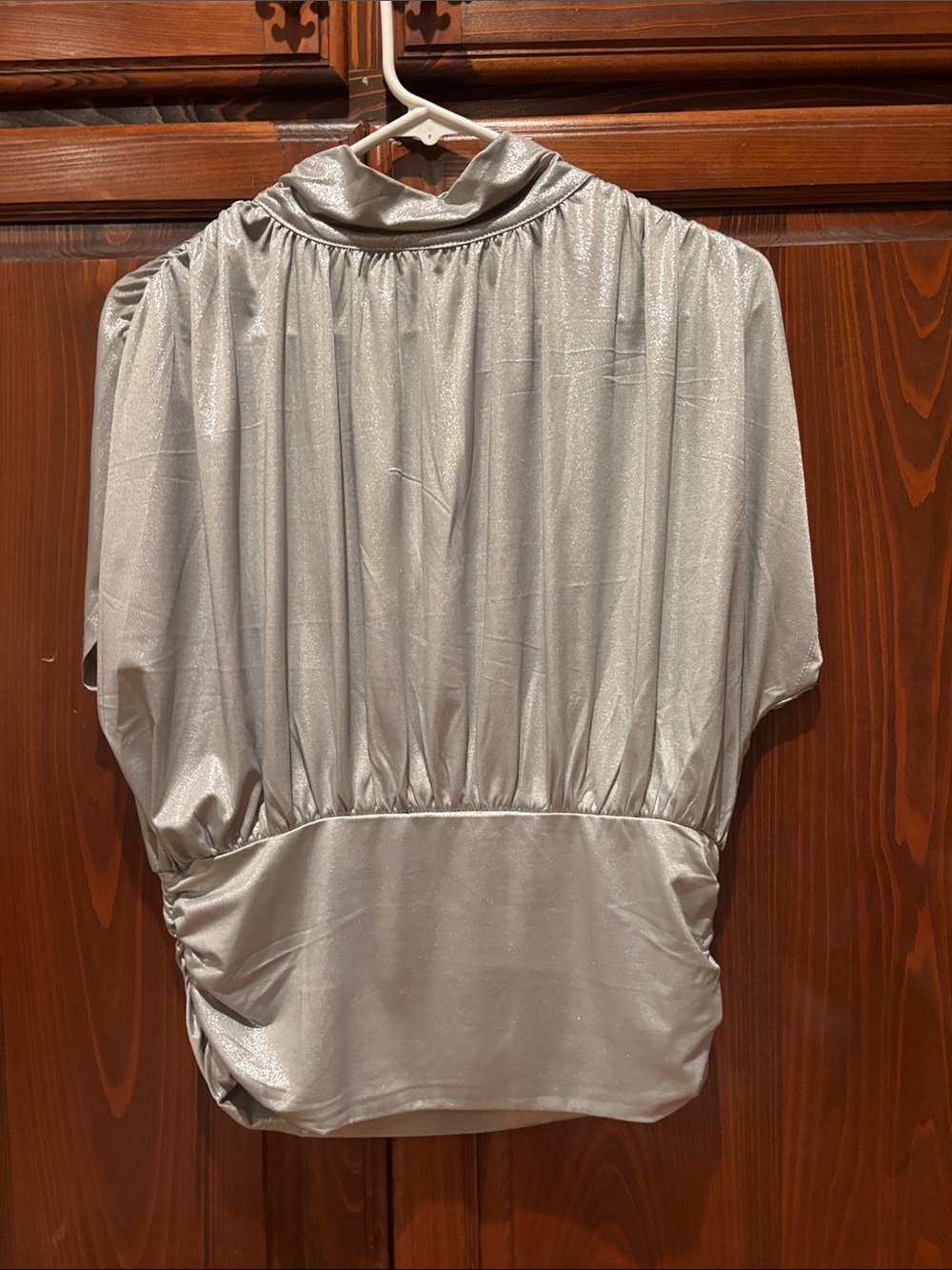glam Silver Shimmer Short Sleeve Gathered Waist Top